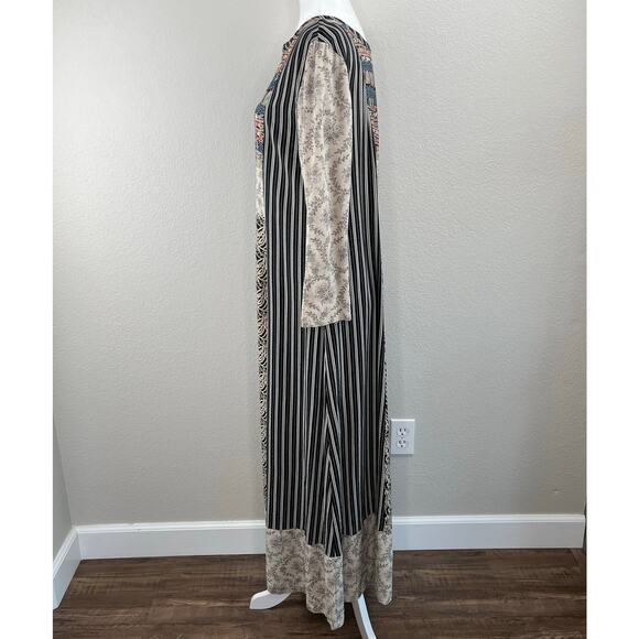 Black Stripe Floral Mixed Print 3/4 Sleeve Eclectic Boho Maxi Shift Dress Medium - Picture 7 of 14